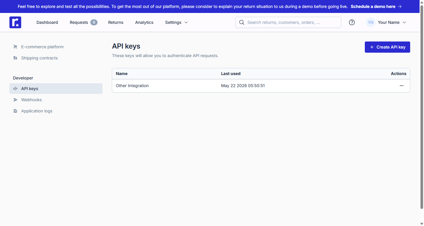 Returnless API keys page